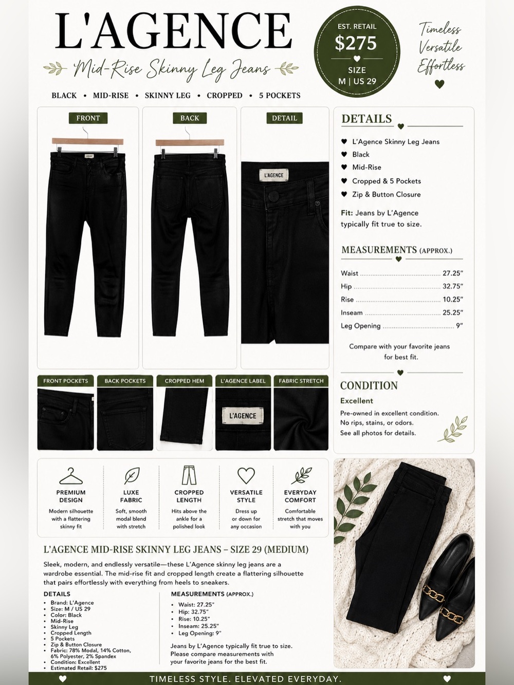 L’AGENCE Mid-Rise Skinny Leg Jeans – Black – Size 29 / Medium